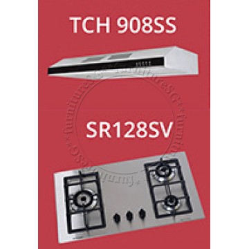Tecno Slim Line Designer Hood with Maxi-Flow Motor (TCH 908SS) + Tecno S/Steel Built-In Hob with Cyclonic Flame And Safety Valves (SR128SV)